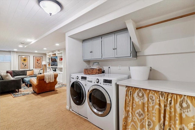93 S 200 E, Kaysville, UT 84037 - laundry area featuring washer and clothes dryer, light carpet, cabinet space, and recessed lighting