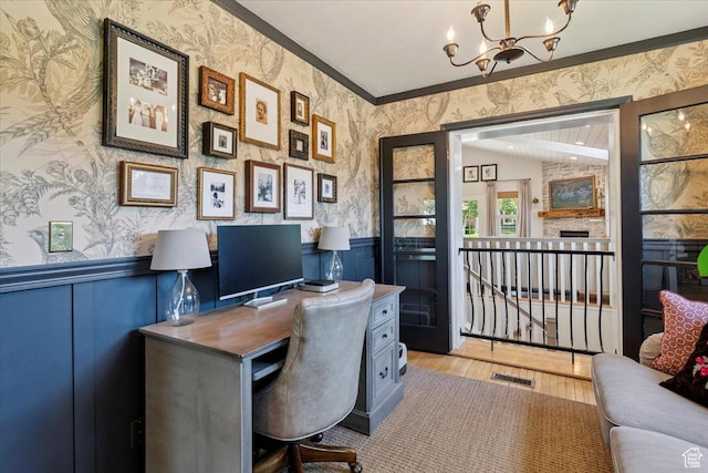 93 S 200 E, Kaysville, UT 84037 - home office featuring wallpapered walls, a chandelier, a wainscoted wall, wood finished floors, and crown molding