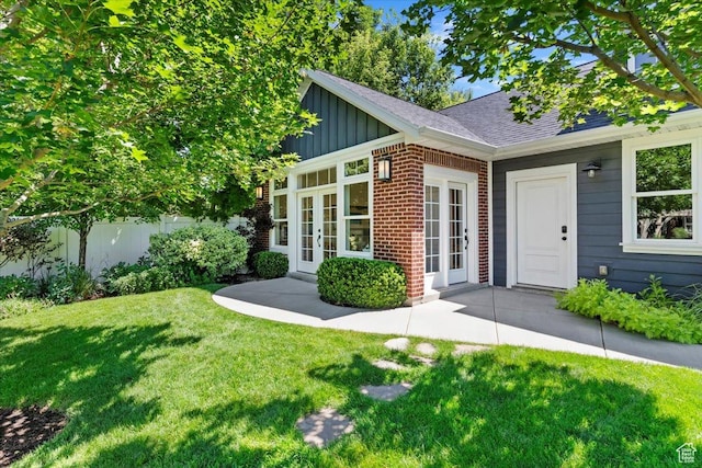 93 S 200 E, Kaysville, UT 84037 - entrance to property featuring french doors, board and batten siding, brick siding, and a shingled roof