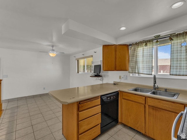 3112 W 5685 S, Taylorsville, UT 84129 - kitchen featuring dishwasher, a peninsula, light countertops, light tile patterned floors, and brown cabinetry