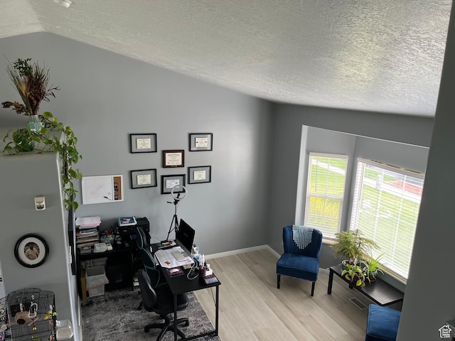 6433 S Laurel Canyon Dr W, Salt Lake City, UT 84118 - office space with vaulted ceiling, light wood-style flooring, and a textured ceiling