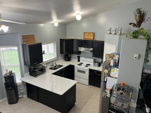 6433 S Laurel Canyon Dr W, Salt Lake City, UT 84118 - kitchen featuring under cabinet range hood, white range with electric stovetop, dark cabinetry, a peninsula, and a textured ceiling