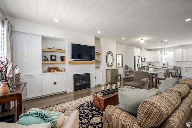 10465 S Beetdigger Blvd, Sandy, UT 84070 - living area with wood finished floors, a textured ceiling, a glass covered fireplace, and recessed lighting
