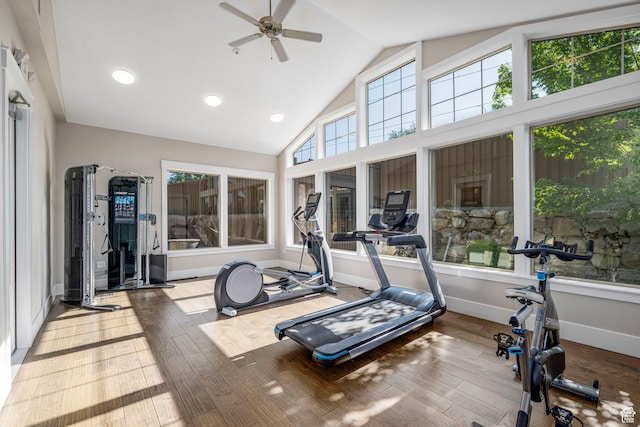 10465 S Beetdigger Blvd, Sandy, UT 84070 - exercise room featuring a ceiling fan, hardwood / wood-style flooring, high vaulted ceiling, and recessed lighting