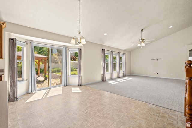 1221 S 130th St E, Payson, UT 84651 - unfurnished living room featuring light carpet, lofted ceiling, a ceiling fan, recessed lighting, and a chandelier