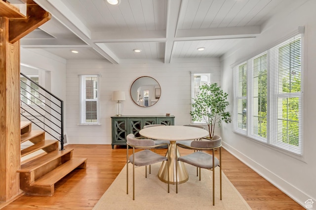1381 E 1300 S, Salt Lake City, UT 84105 - dining area with light wood-style flooring, beamed ceiling, recessed lighting, stairs, and coffered ceiling