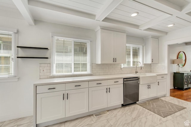 1381 E 1300 S, Salt Lake City, UT 84105 - kitchen with stainless steel dishwasher, beam ceiling, white cabinetry, tasteful backsplash, and light countertops