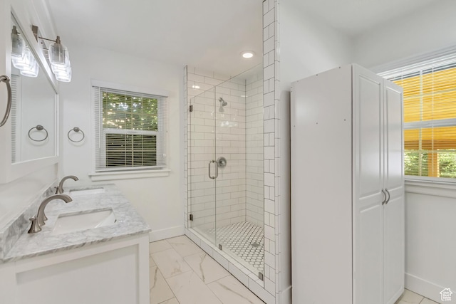 1381 E 1300 S, Salt Lake City, UT 84105 - full bath featuring a shower stall, double vanity, marble finish floors, and recessed lighting
