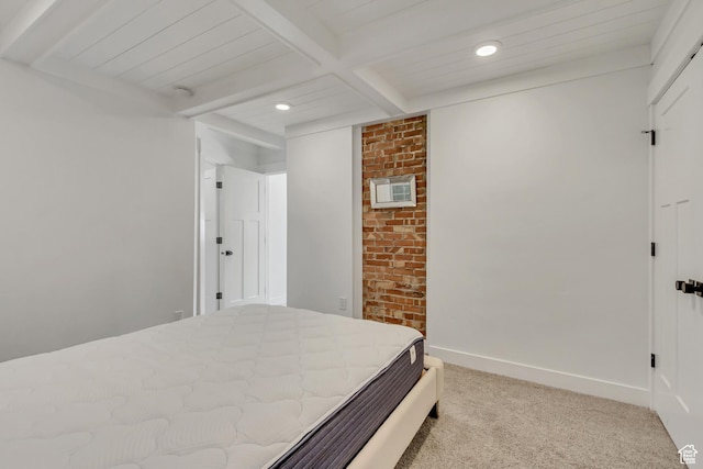 1381 E 1300 S, Salt Lake City, UT 84105 - bedroom featuring light colored carpet, recessed lighting, brick wall, and a wooden ceiling with exposed beams