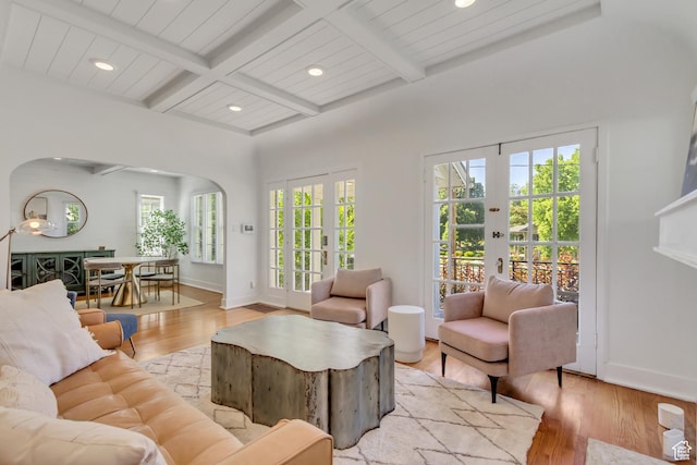 1381 E 1300 S, Salt Lake City, UT 84105 - living area featuring recessed lighting, french doors, light wood-style floors, beam ceiling, and arched walkways