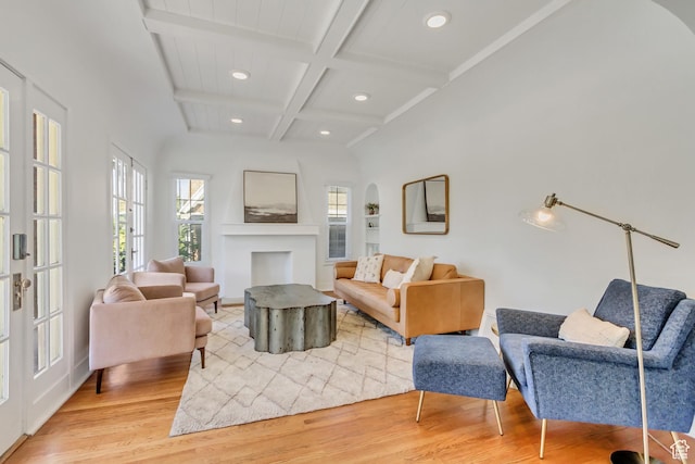1381 E 1300 S, Salt Lake City, UT 84105 - living room with coffered ceiling, light wood-type flooring, recessed lighting, beamed ceiling, and a fireplace