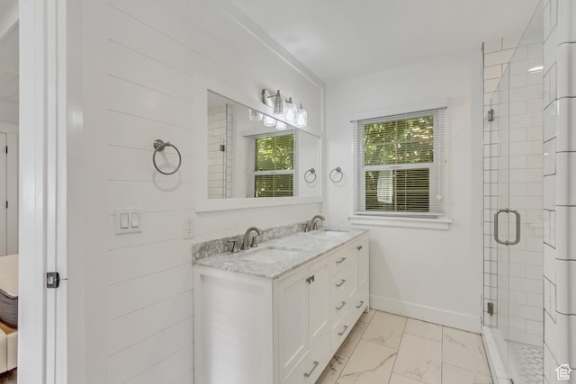 1381 E 1300 S, Salt Lake City, UT 84105 - full bathroom featuring double vanity, marble look tiles, and a stall shower