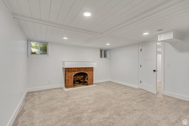 1381 E 1300 S, Salt Lake City, UT 84105 - below grade area with carpet, recessed lighting, a fireplace, and wooden ceiling