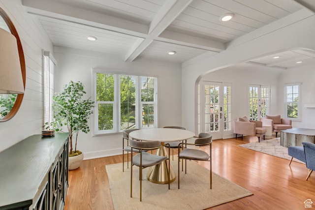 1381 E 1300 S, Salt Lake City, UT 84105 - dining area featuring arched walkways, beamed ceiling, french doors, light wood-type flooring, and recessed lighting