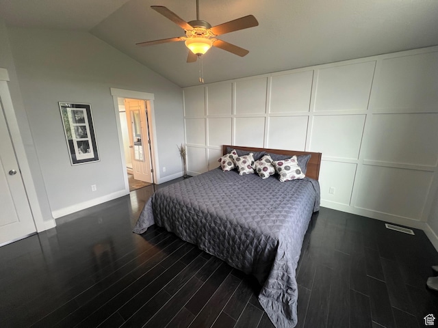 10337 S Wapati Moon Pl, South Jordan, UT 84095 - bedroom featuring wood finished floors, lofted ceiling, a decorative wall, a ceiling fan, and ensuite bath