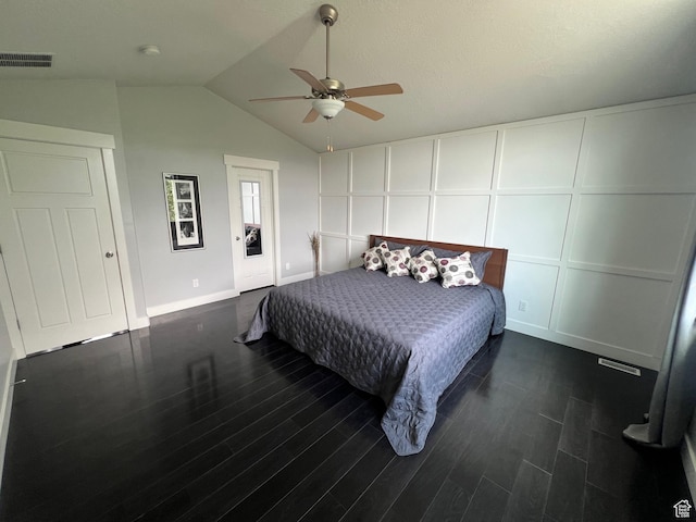 10337 S Wapati Moon Pl, South Jordan, UT 84095 - bedroom featuring dark wood finished floors, lofted ceiling, a decorative wall, and ceiling fan
