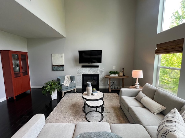 10337 S Wapati Moon Pl, South Jordan, UT 84095 - living room with a high ceiling, dark wood finished floors, a glass covered fireplace, and healthy amount of natural light
