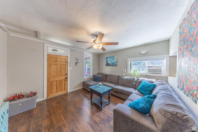 525 3rd St, Ogden, UT 84404 - living room with a textured ceiling, dark wood-style flooring, a ceiling fan, and cooling unit