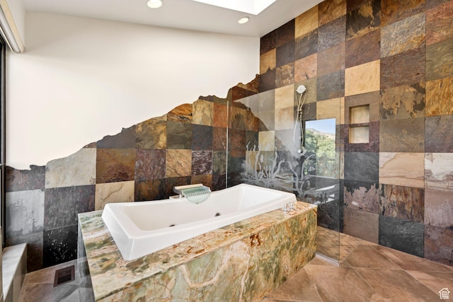 4307 Churchill Dr N Unit 97, Provo, UT 84604 - full bath with a jetted tub, tile walls, recessed lighting, a walk in shower, and a skylight
