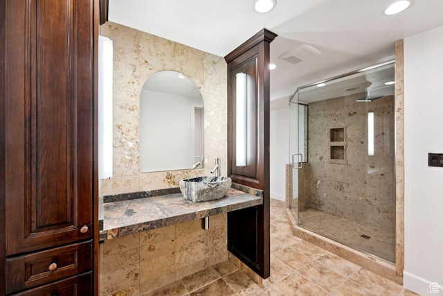 4307 Churchill Dr N Unit 97, Provo, UT 84604 - bathroom featuring a stall shower, recessed lighting, vanity, and tile patterned flooring
