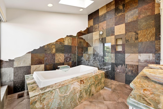 4307 Churchill Dr N Unit 97, Provo, UT 84604 - full bathroom featuring a skylight, tile walls, a bath, recessed lighting, and a walk in shower