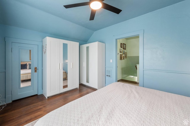 266 W 200 S, Hurricane, UT 84737 - bedroom featuring dark wood finished floors, lofted ceiling, a ceiling fan, and ensuite bath