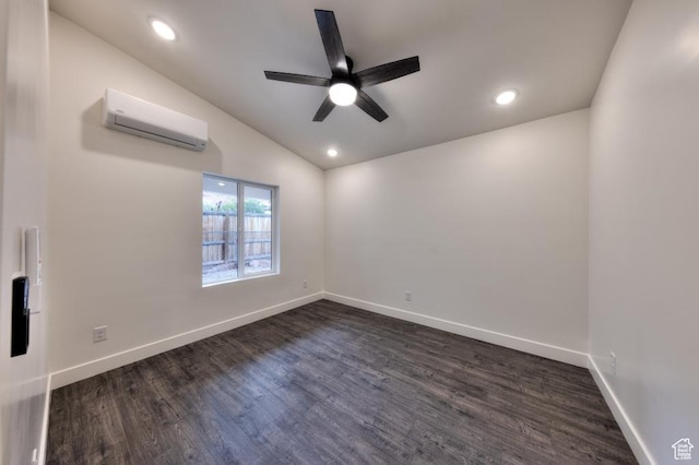 1191 Wagner Ave, Moab, UT 84532 - empty room with a wall mounted AC, a ceiling fan, vaulted ceiling, dark wood-type flooring, and recessed lighting