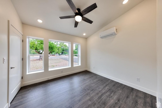 1191 Wagner Ave, Moab, UT 84532 - unfurnished room featuring an AC wall unit, ceiling fan, dark wood-style flooring, vaulted ceiling, and recessed lighting