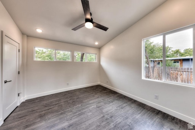 1191 Wagner Ave, Moab, UT 84532 - spare room featuring healthy amount of natural light, a ceiling fan, dark wood-style flooring, lofted ceiling, and recessed lighting