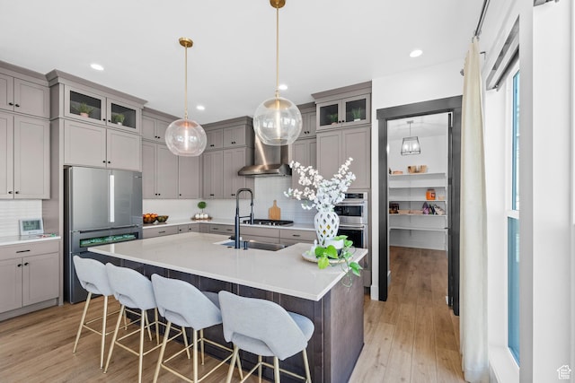 5488 N Valley Rd E, Lehi, UT 84043 - kitchen featuring stainless steel appliances, gray cabinets, tasteful backsplash, and recessed lighting