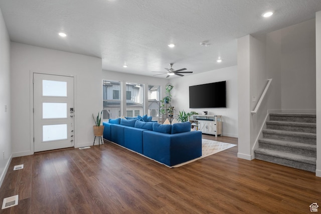 937 W Terracotta Dr, Saratoga Springs, UT 84045 - living room featuring stairway, wood finished floors, recessed lighting, ceiling fan, and a textured ceiling