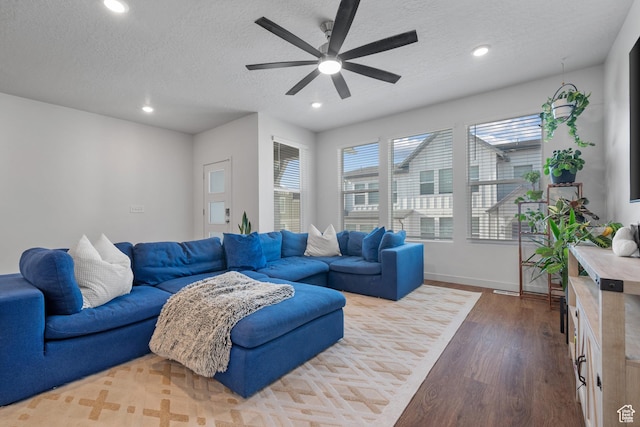 937 W Terracotta Dr, Saratoga Springs, UT 84045 - living area with wood finished floors, a ceiling fan, a textured ceiling, and recessed lighting