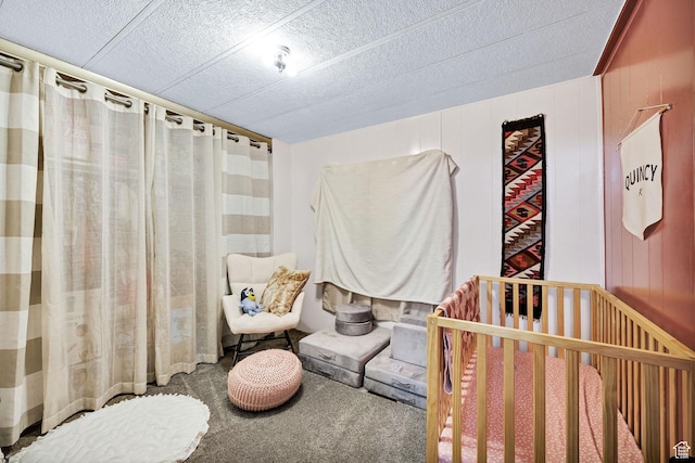 20105 N 5000 W, Plymouth, UT 84330 - bedroom featuring a nursery area, carpet flooring, and wood walls