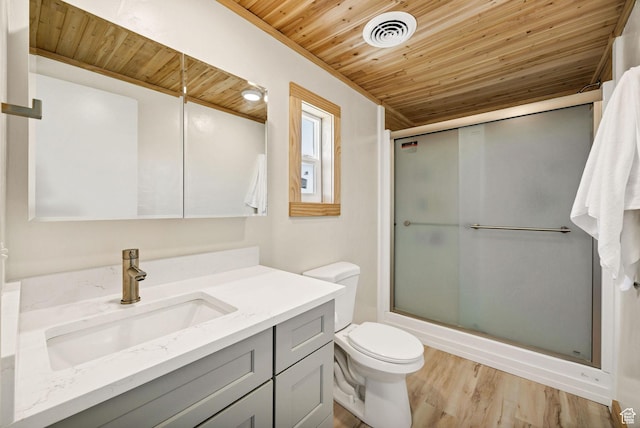 20105 N 5000 W, Plymouth, UT 84330 - bathroom with wood ceiling, an enclosed shower, vanity, and wood finished floors
