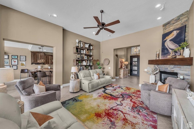 38 W 1725 S, Washington, UT 84780 - living room with ceiling fan, recessed lighting, a fireplace, and light tile patterned flooring