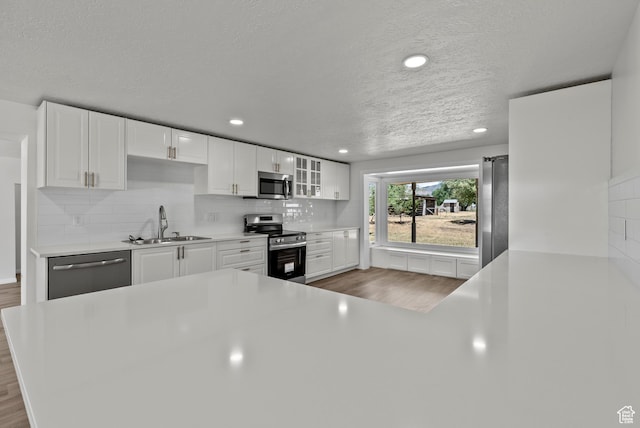 1175 E 900 N, Lehi, UT 84043 - kitchen with appliances with stainless steel finishes, wood finished floors, white cabinets, light countertops, and glass insert cabinets