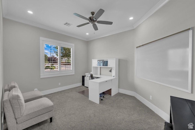 2249 E Fieldstone Cir, St George, UT 84790 - office with light colored carpet, recessed lighting, a ceiling fan, and ornamental molding