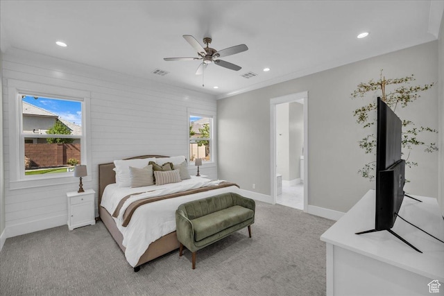 2249 E Fieldstone Cir, St George, UT 84790 - bedroom with light colored carpet, recessed lighting, ceiling fan, and ensuite bathroom