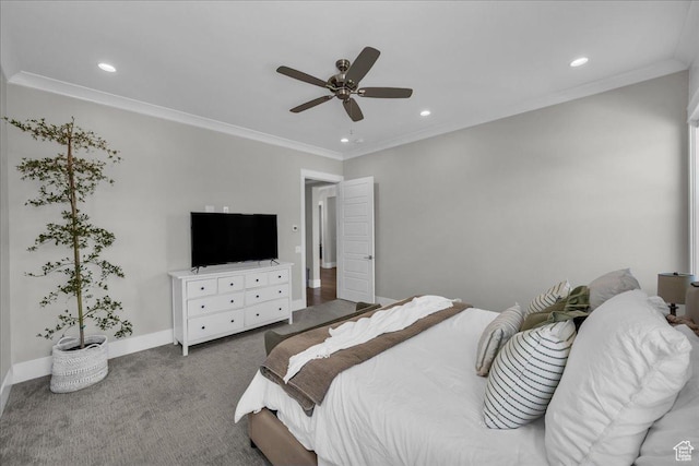 2249 E Fieldstone Cir, St George, UT 84790 - bedroom with crown molding, carpet, recessed lighting, and a ceiling fan