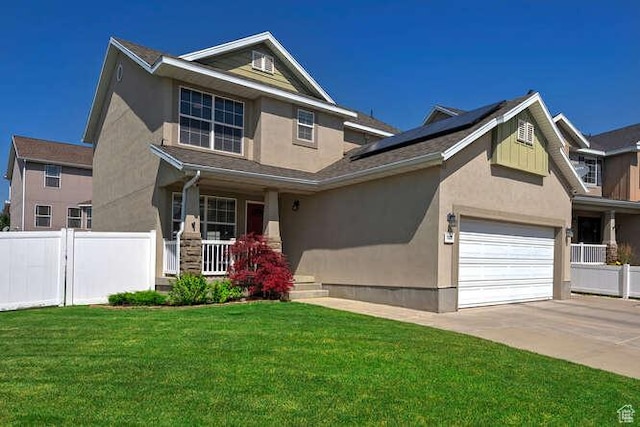 7526 S Park Maple Dr, West Jordan, UT 84081 - view of front of property featuring a porch, stucco siding, driveway, and roof mounted solar panels