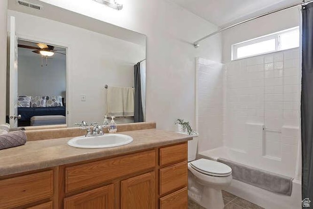 7526 S Park Maple Dr, West Jordan, UT 84081 - ensuite bathroom featuring shower / bath combo with shower curtain, vanity, tile patterned floors, and a ceiling fan