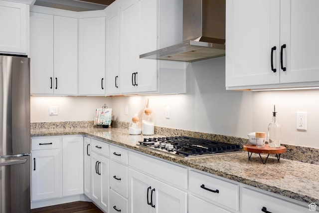 5149 N Edgewood Dr, Provo, UT 84604 - kitchen featuring wall chimney range hood, appliances with stainless steel finishes, white cabinets, and light stone counters
