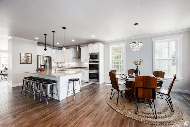 5149 N Edgewood Dr, Provo, UT 84604 - dining room with ornamental molding, dark wood-style flooring, a chandelier, recessed lighting, and a textured ceiling