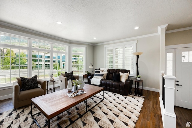 5149 N Edgewood Dr, Provo, UT 84604 - living area featuring ornamental molding, wood finished floors, recessed lighting, and a textured ceiling