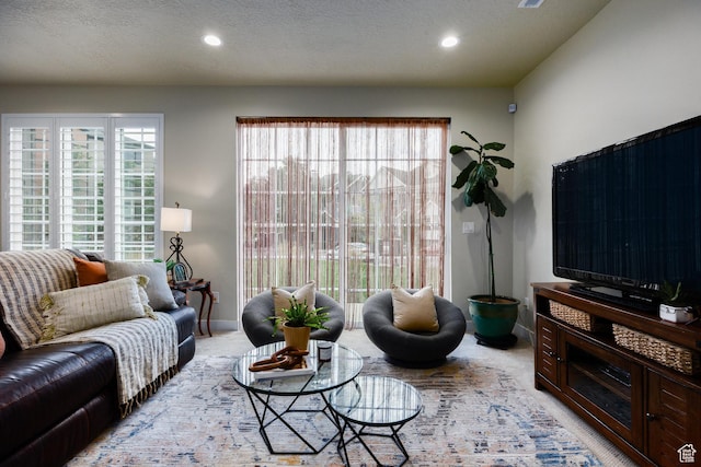 5149 N Edgewood Dr, Provo, UT 84604 - living area featuring recessed lighting, light colored carpet, and a textured ceiling