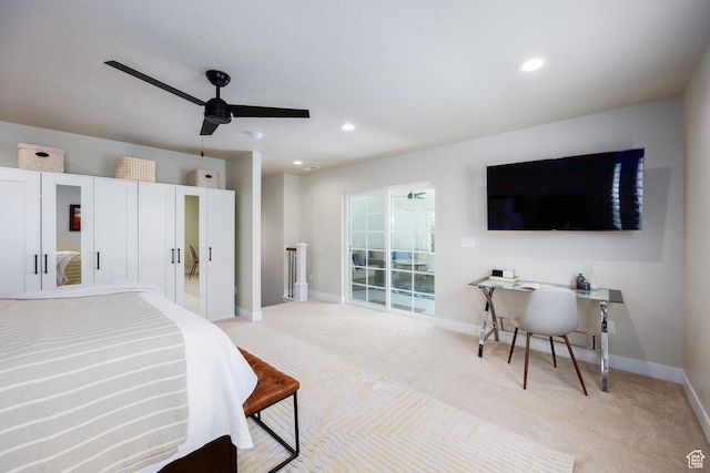 5149 N Edgewood Dr, Provo, UT 84604 - bedroom with light carpet, an office area, recessed lighting, and a ceiling fan