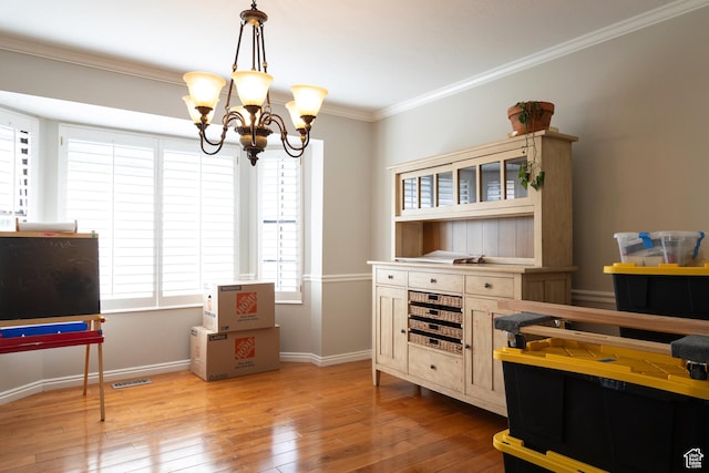 11089 S Justin Dr, Sandy, UT 84092 - office area featuring a chandelier, hardwood / wood-style flooring, and ornamental molding