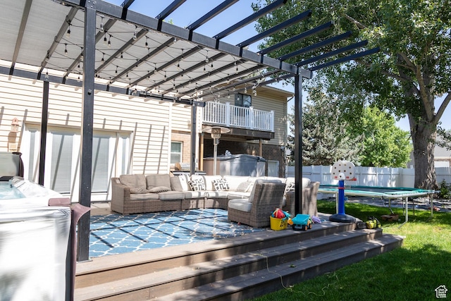 11089 S Justin Dr, Sandy, UT 84092 - wooden terrace with an outdoor hangout area, a pergola, and a trampoline