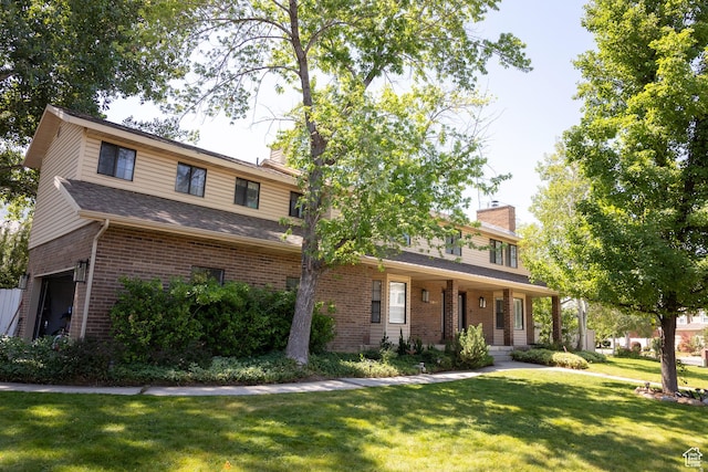 11089 S Justin Dr, Sandy, UT 84092 - traditional home with a chimney, brick siding, covered porch, a front lawn, and a garage