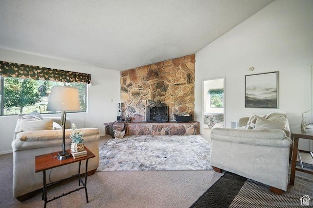 214 S Terry Pkwy, Pine Valley, UT 84781 - carpeted living room with healthy amount of natural light, lofted ceiling, and a fireplace